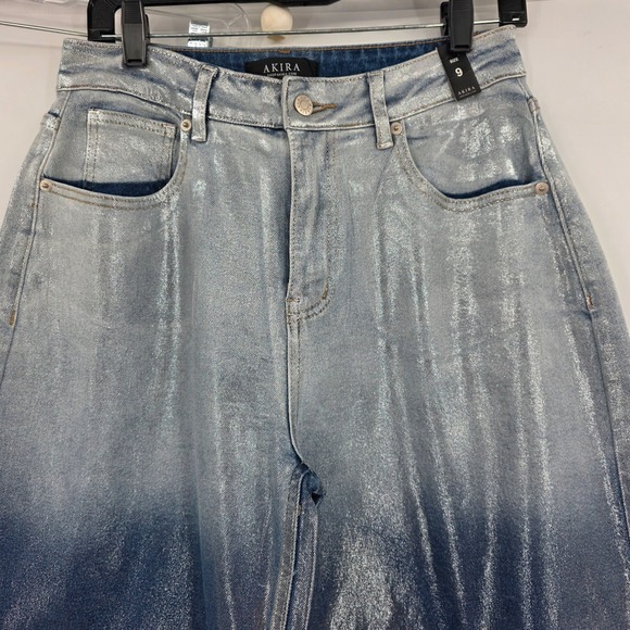 AKIRA Miz Cirrus Women's Wide Leg Jeans Metallic Ombre Silver Blue High Rise 9 - Picture 5 of 10